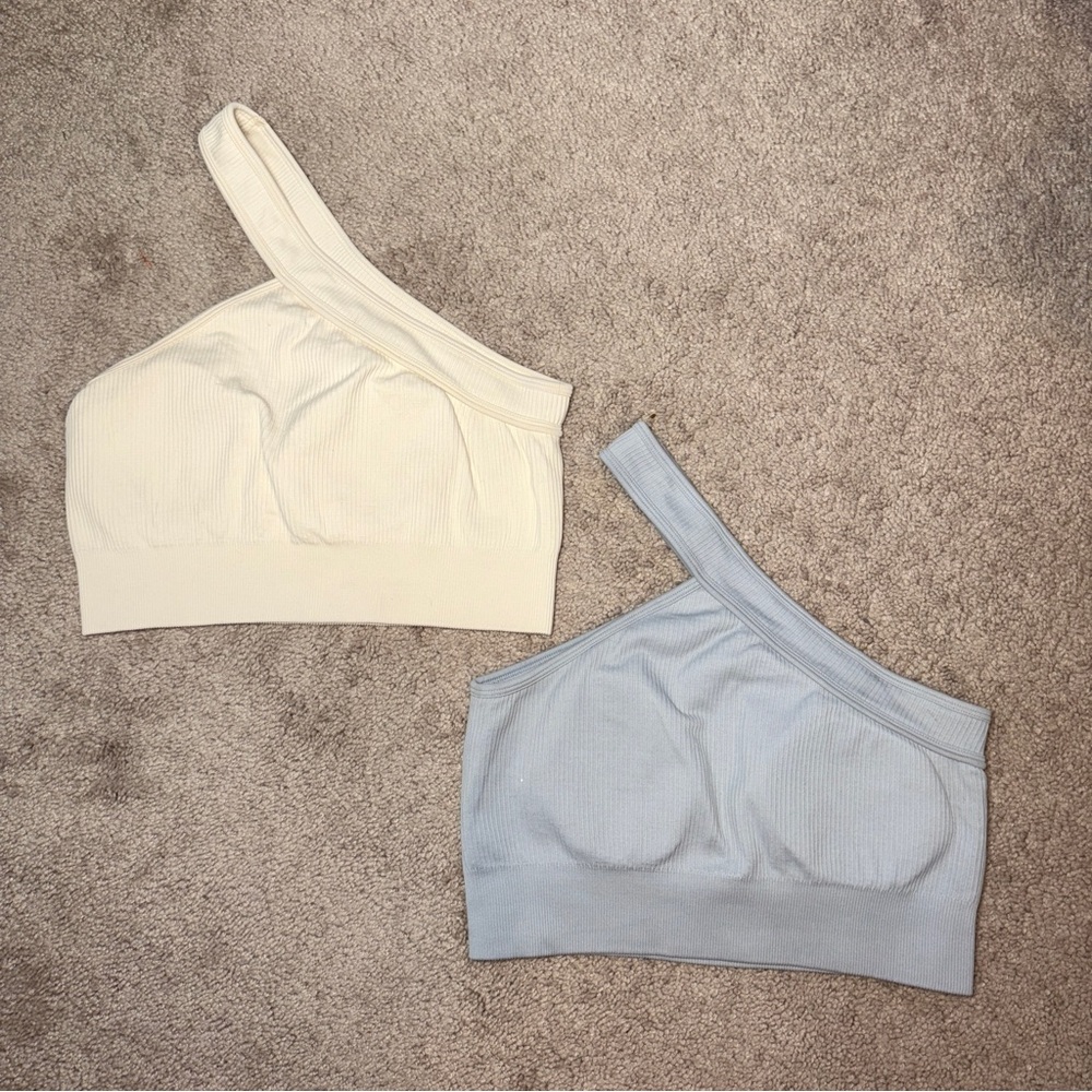Women’s One-Shoulder Ribbed Bralette Pack of 2 - Cream & Light Blue Size: M
